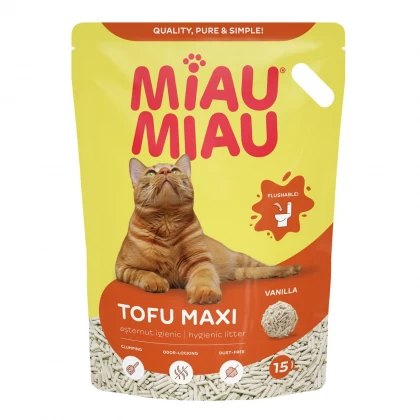 Sac economic de 15 L de nisip ecologic biodegradabil Miau Miau Tofu Maxi Vanilie pentru litiera pisicii.