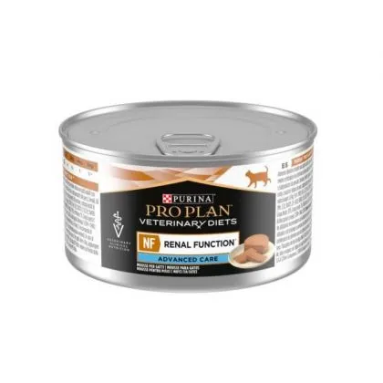 Conservă de 195 g de hrană umedă dietetică Purina Pro Plan Veterinary Diets Feline NF Renal Function, destinată pisicilor cu afecțiuni renale.
