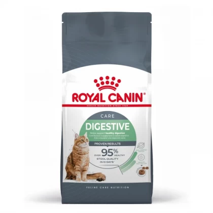 Sac de 2 kg hrană uscată Royal Canin Digestive Care pentru pisici adulte cu sensibilitate digestivă.