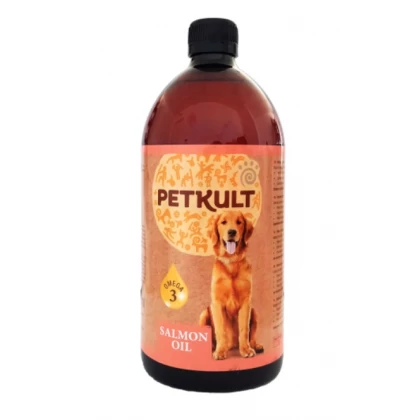Flacon de 1 L de ulei de somon 100% natural marca Petkult, prevăzut cu pompă dozatoare, recomandat ca supliment nutrițional pentru câini și pisici.