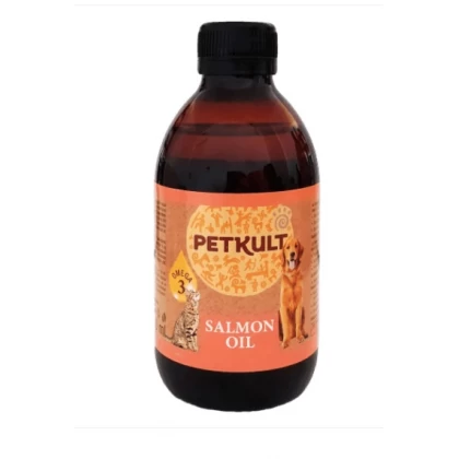 Flacon de 300 ml de ulei de somon 100% natural marca Petkult, prevăzut cu pompă dozatoare neagră, recomandat pentru câini și pisici.
