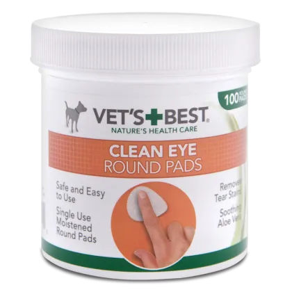 Cutie cu 100 de șervețele umede rotunde marca Vet's Best, cu Aloe Vera, pentru curățarea ochilor la câini și pisici.